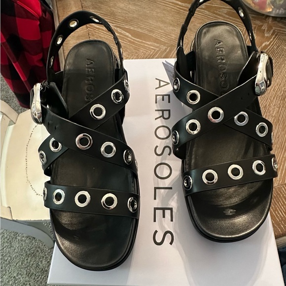 AEROSOLES Black and Silver Sandals with Edgy Design - Picture 13 of 14